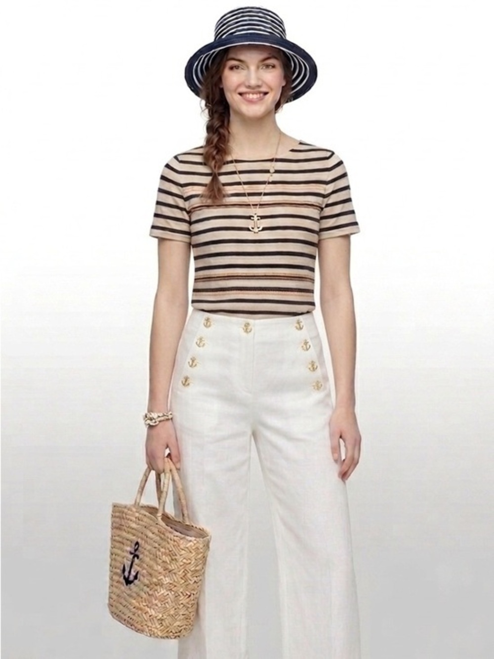 J Crew Striped Cream and Black Embroidered Short-Sleeve Top Size Medium Cotton